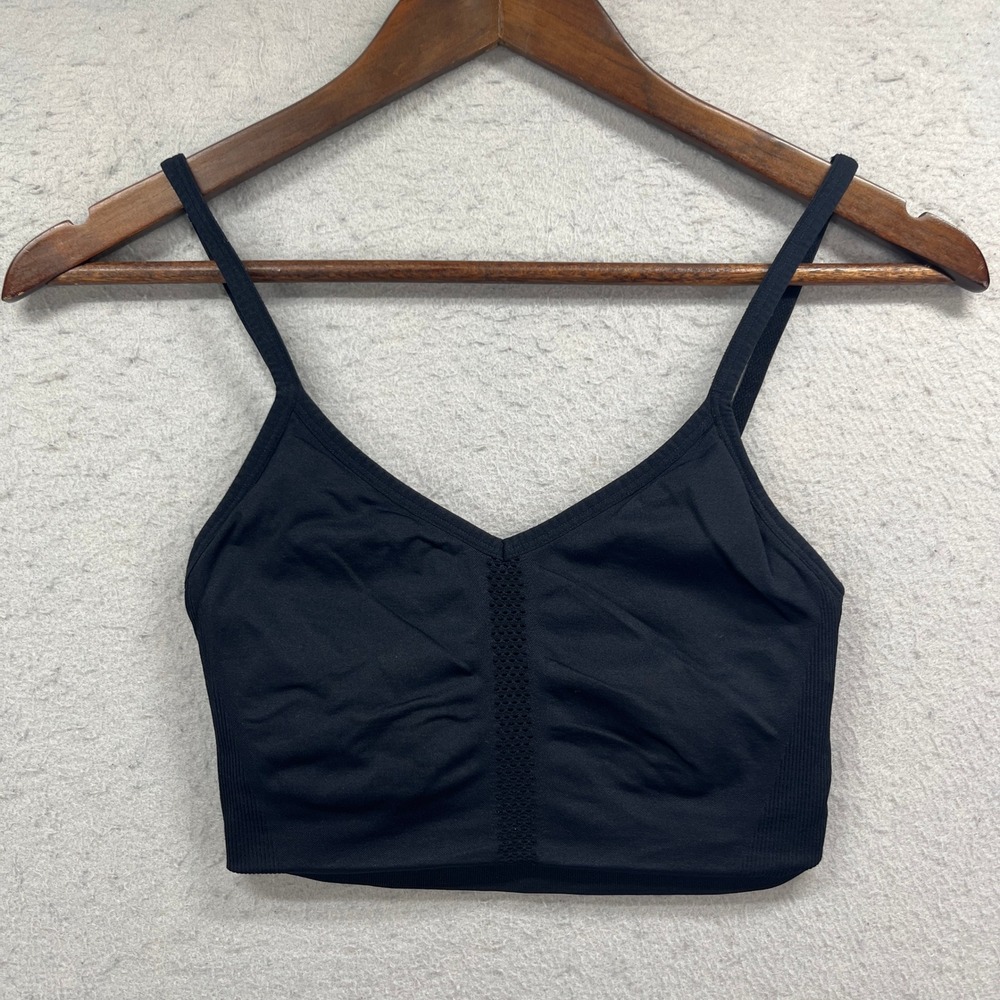 Fabletics Sports Bra Womens Black Seamless Ribbed V Neck Strappy Yoga Activewear